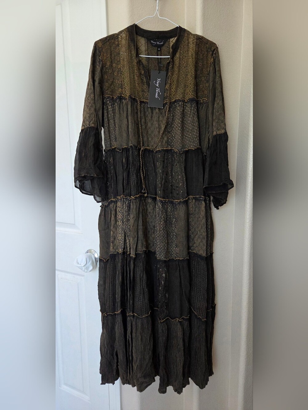 NWT YOUNG THREADS Bohemian Patchwork Style Tiered Flowy Maxi Dress Size M